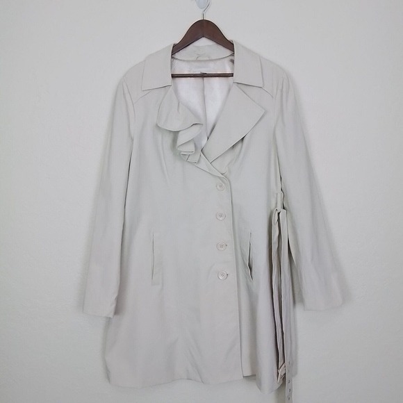 New York & Company Beige Ruffle Notch Collar 4 Button Belted Trench Coat XL - Picture 16 of 16